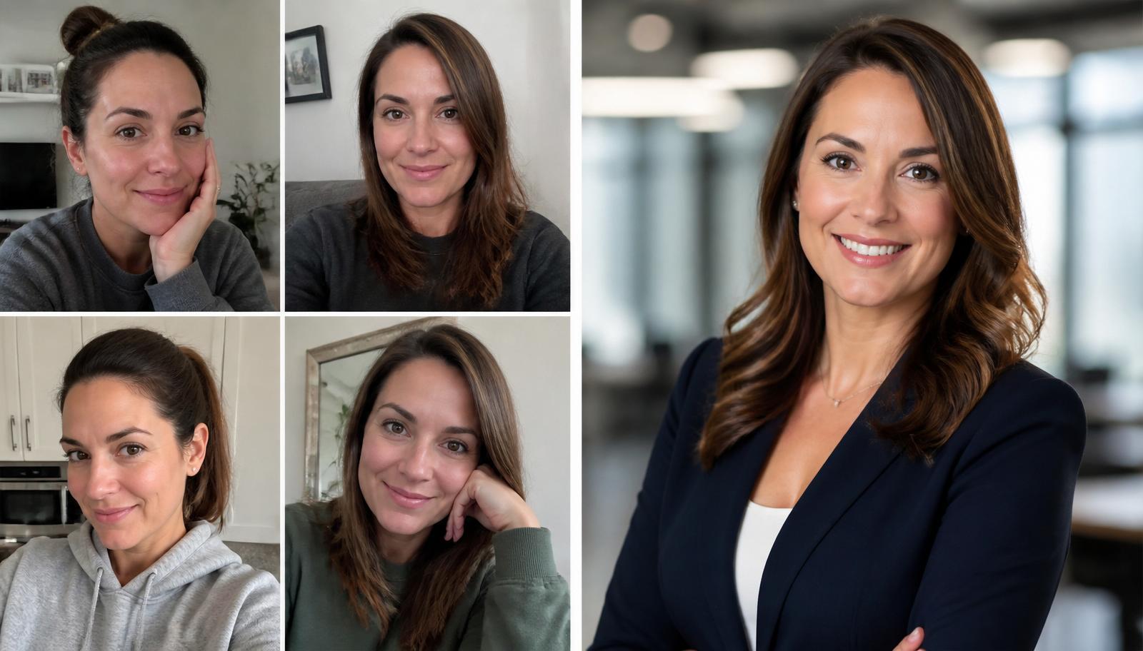 Before and after: casual selfies transformed into a polished real estate headshot