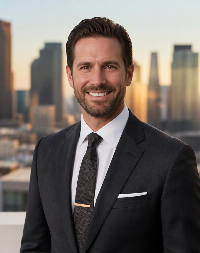 Example real estate headshot: City skyline · Suit