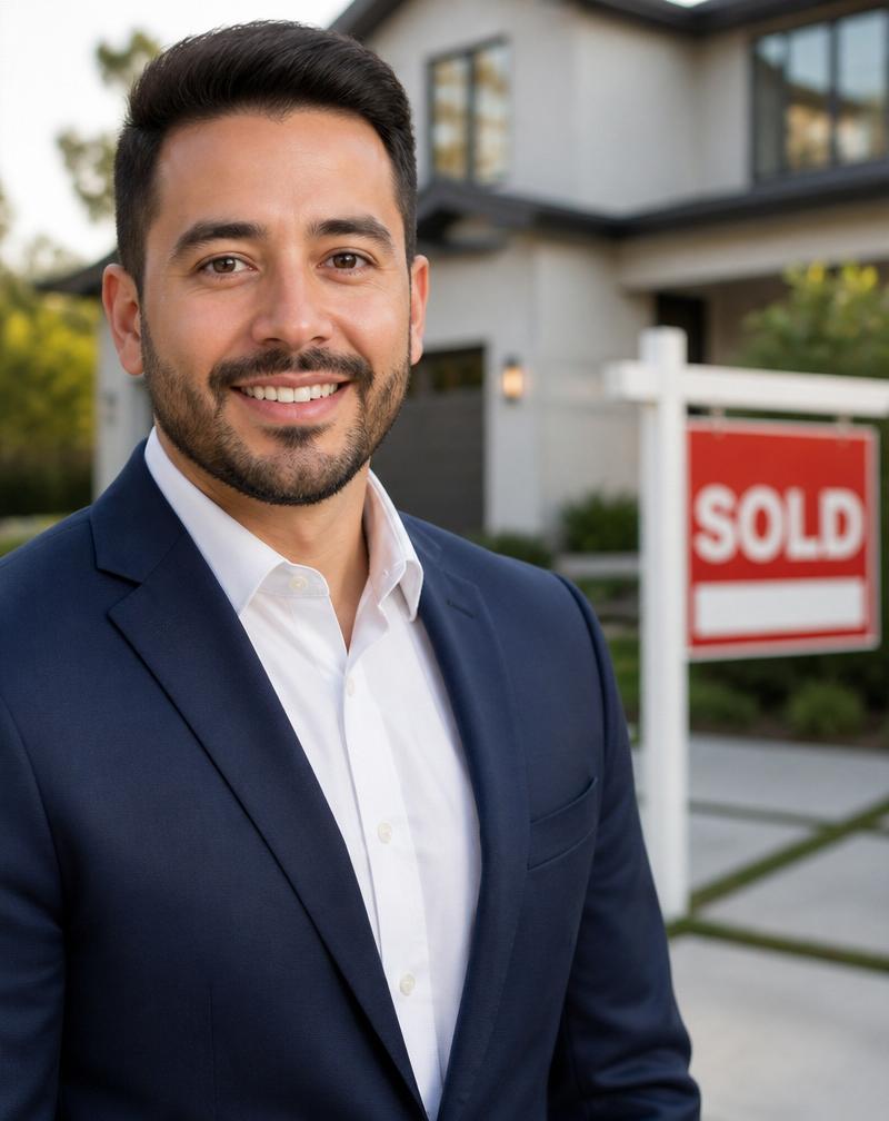 Example real estate headshot: SOLD sign · Business casual
